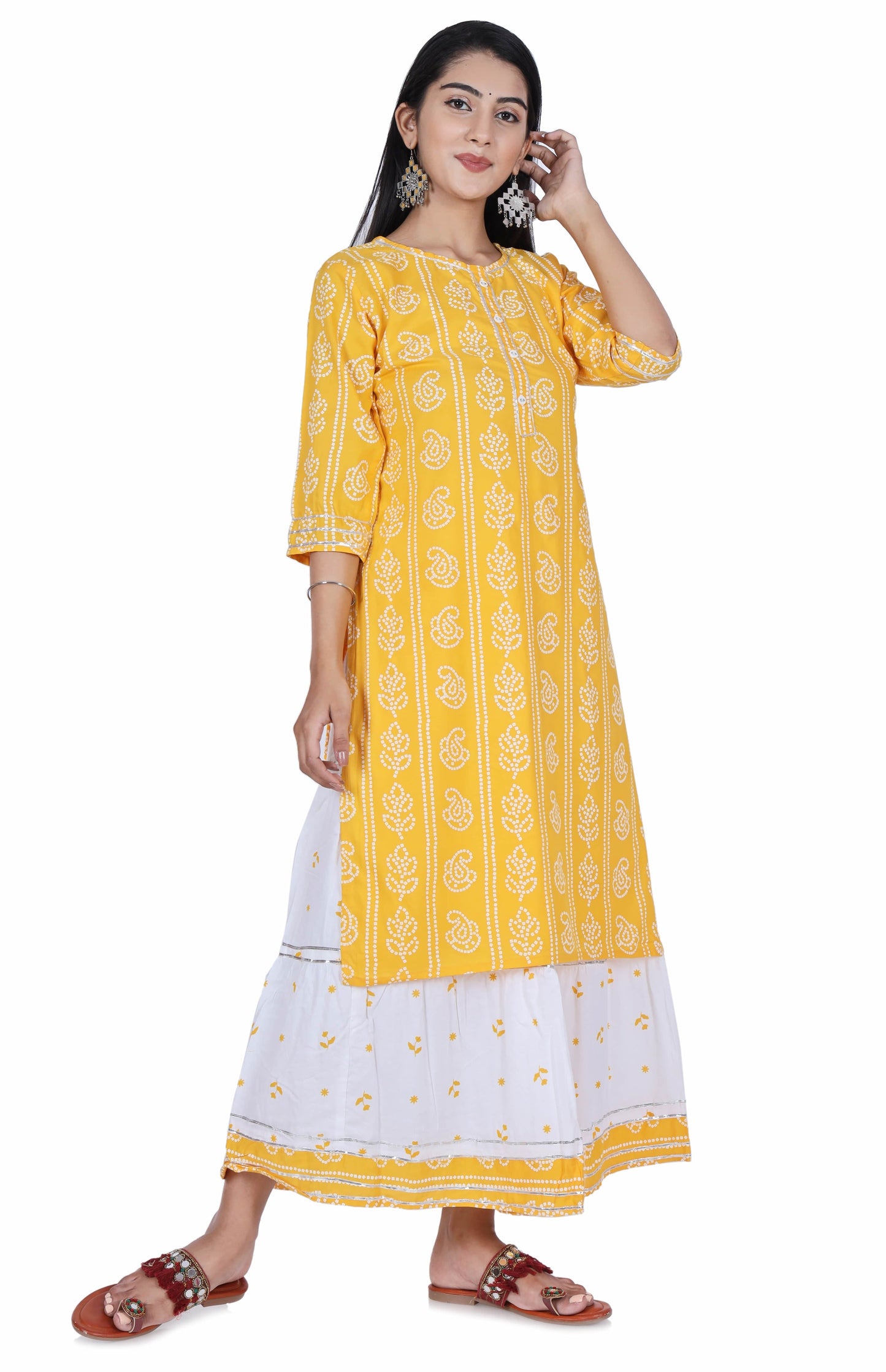 Yellow Printed Cotton Kurta and Skirt Set