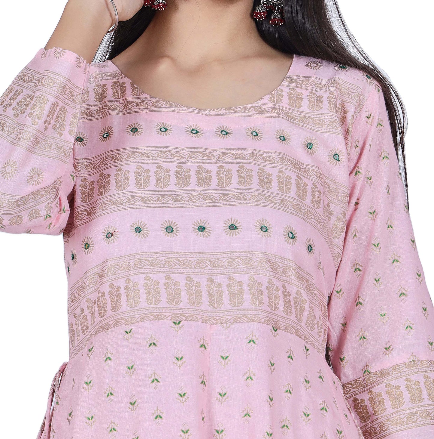 Pink Printed Cotton Flared Kurta