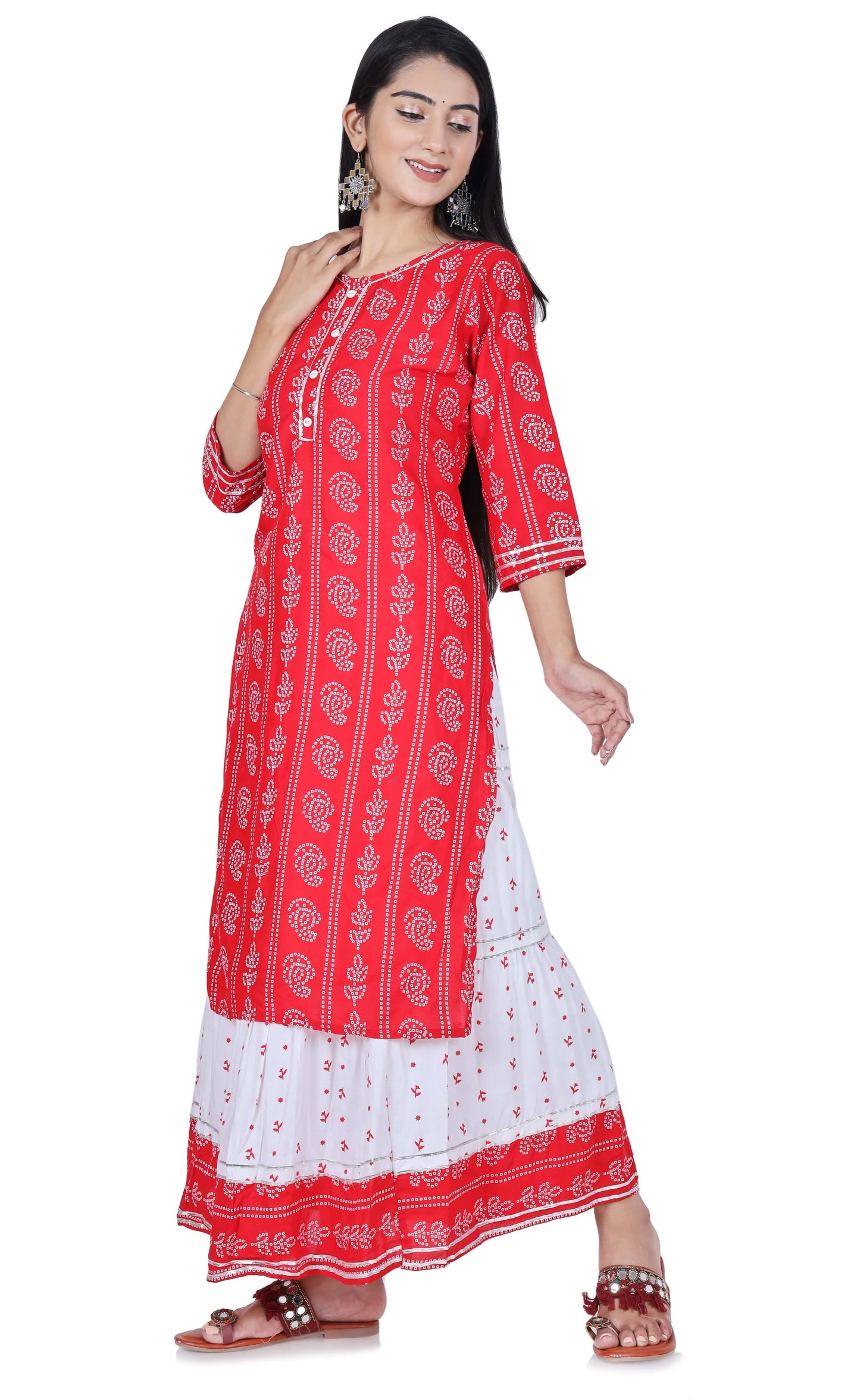 Red Printed Cotton Kurta and Skirt Set