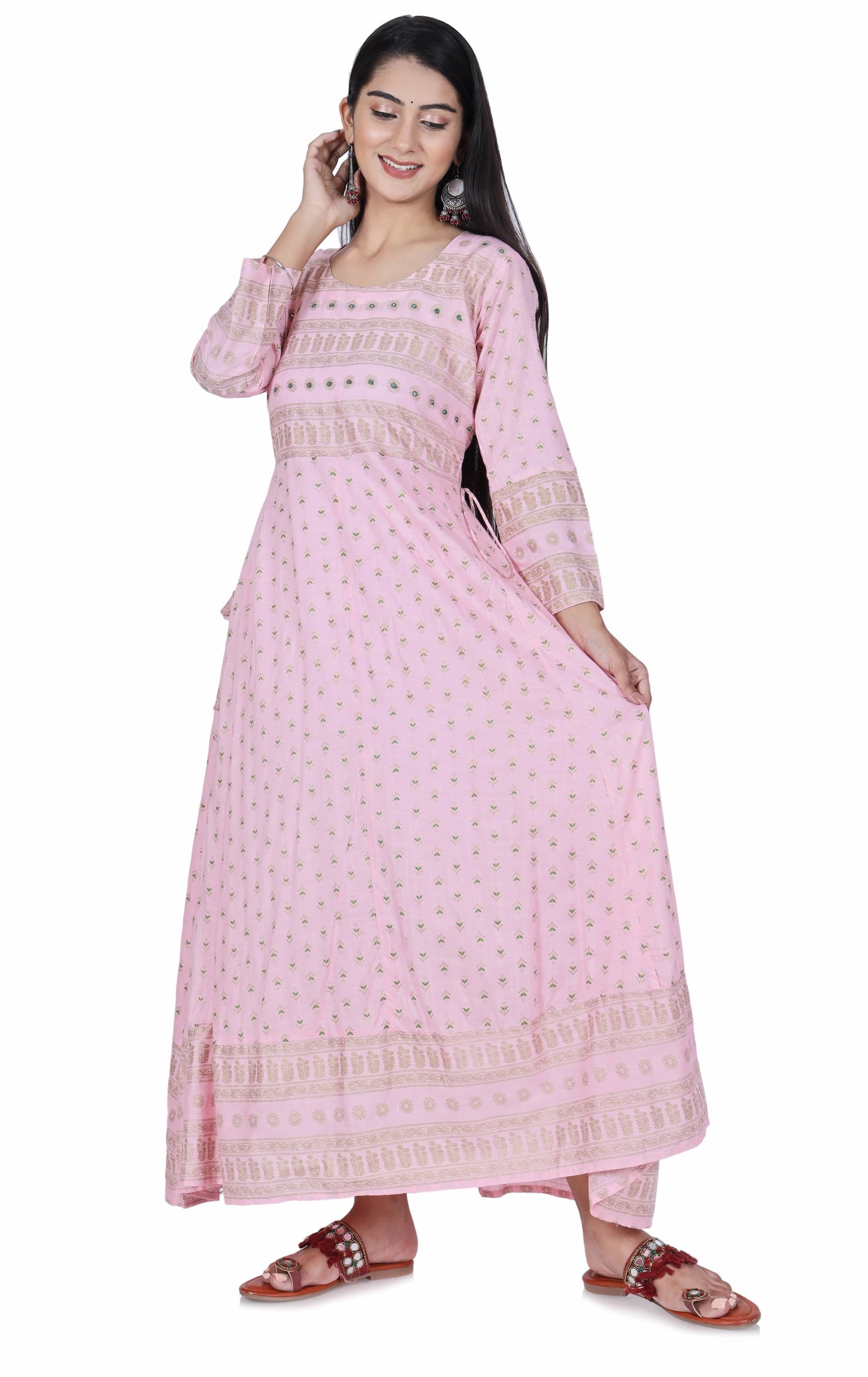 Pink Printed Cotton Flared Kurta