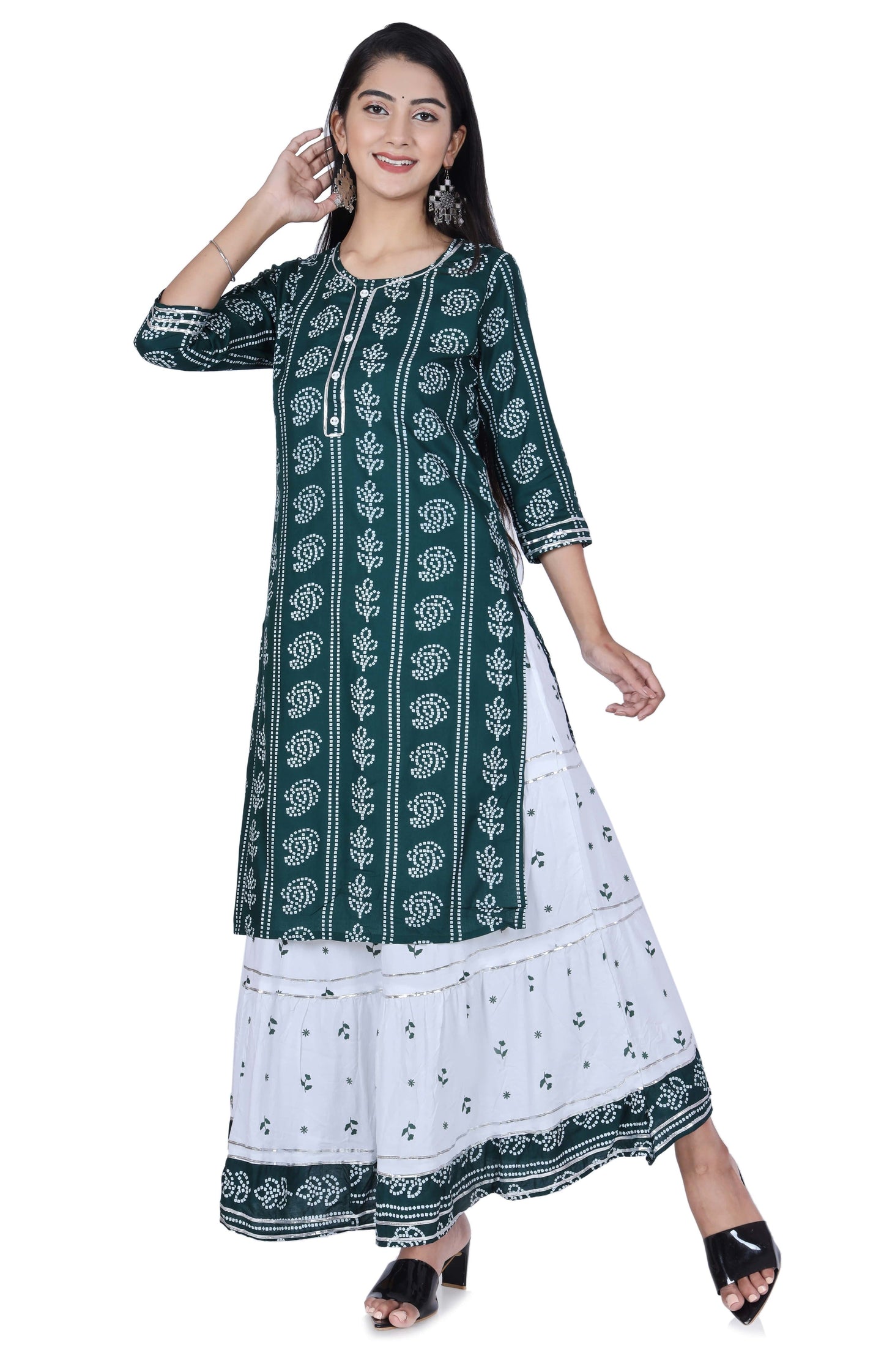 Green Printed Cotton Kurta and Skirt Set