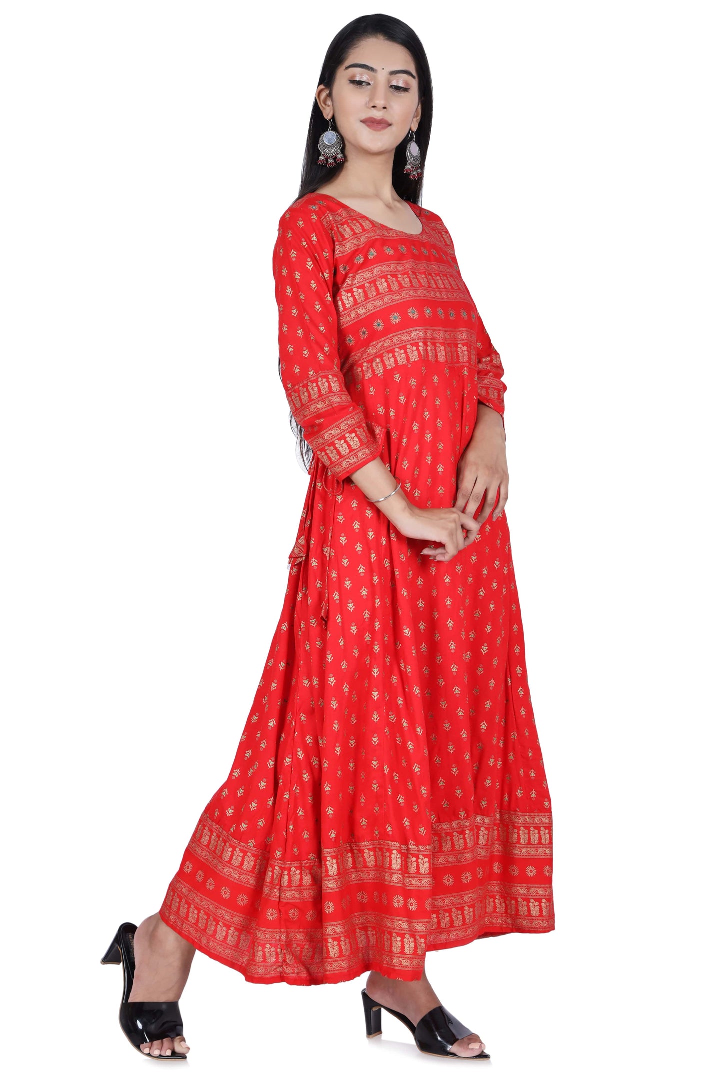 Berry Red Printed Cotton Flared Kurta