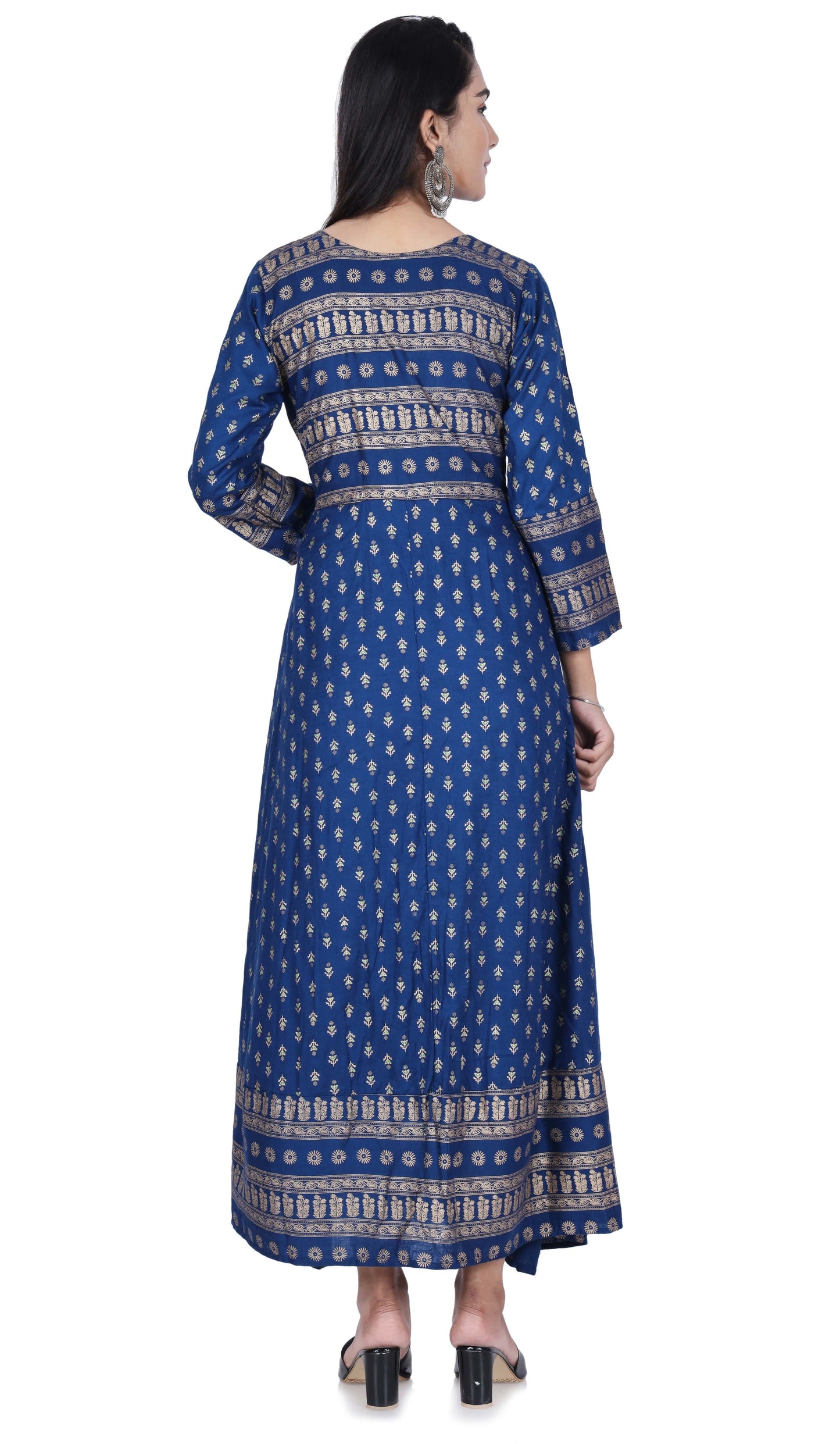 Blue Printed Cotton Flared Kurta