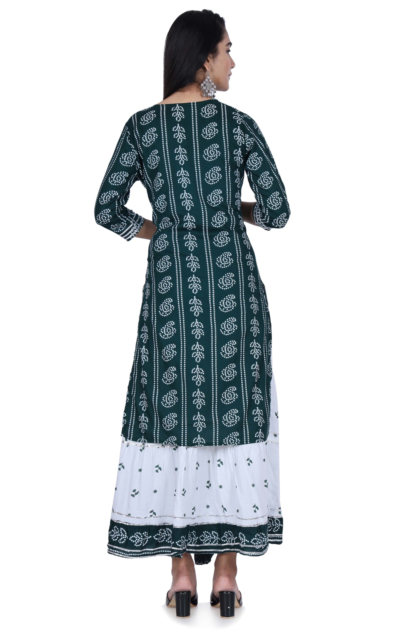 Green Printed Cotton Kurta and Skirt Set