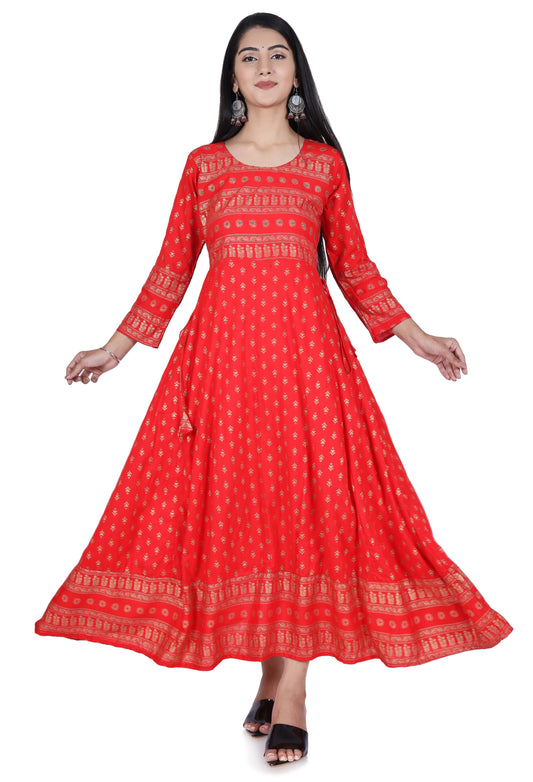 Berry Red Printed Cotton Flared Kurta