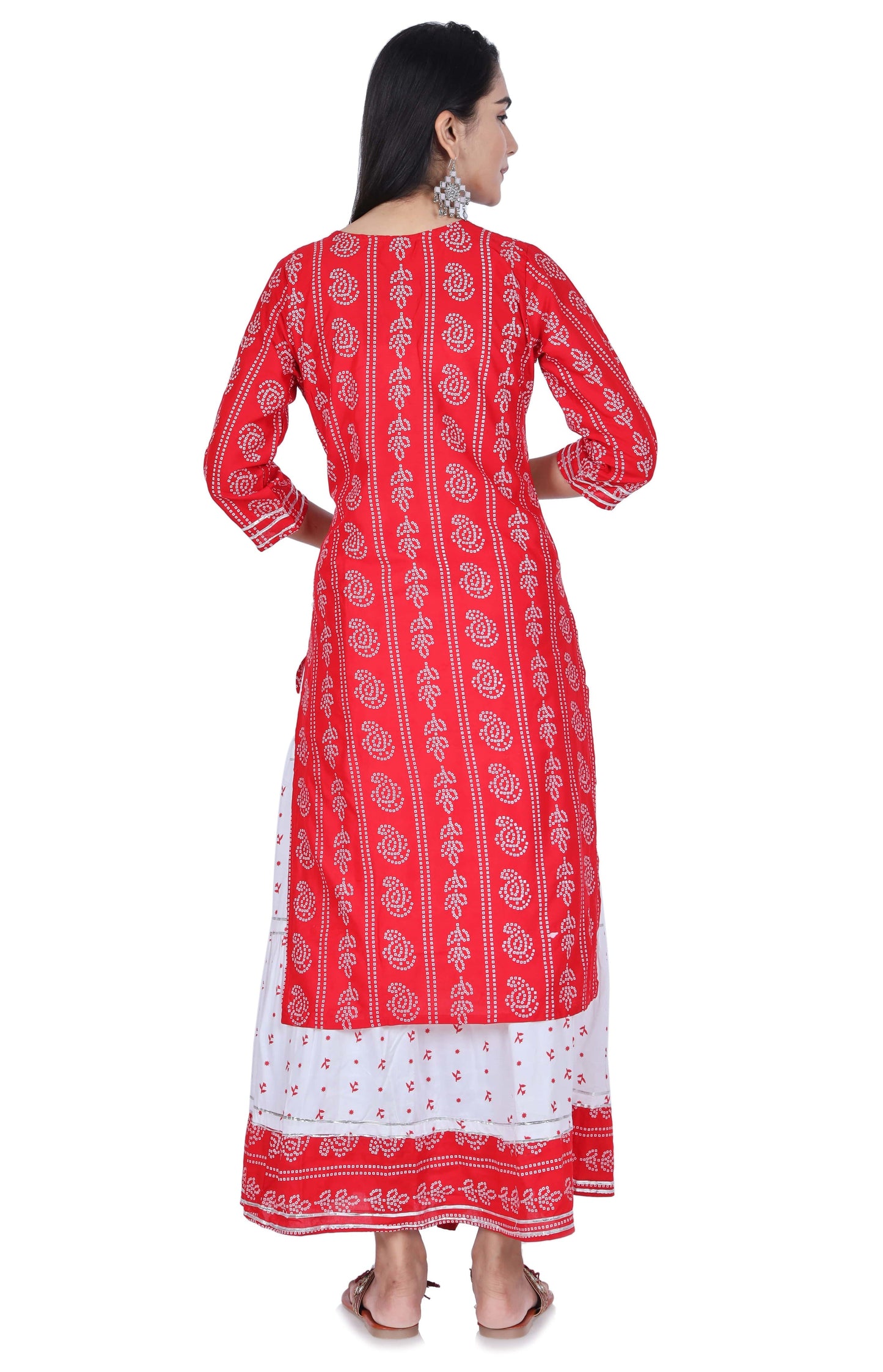 Red Printed Cotton Kurta and Skirt Set