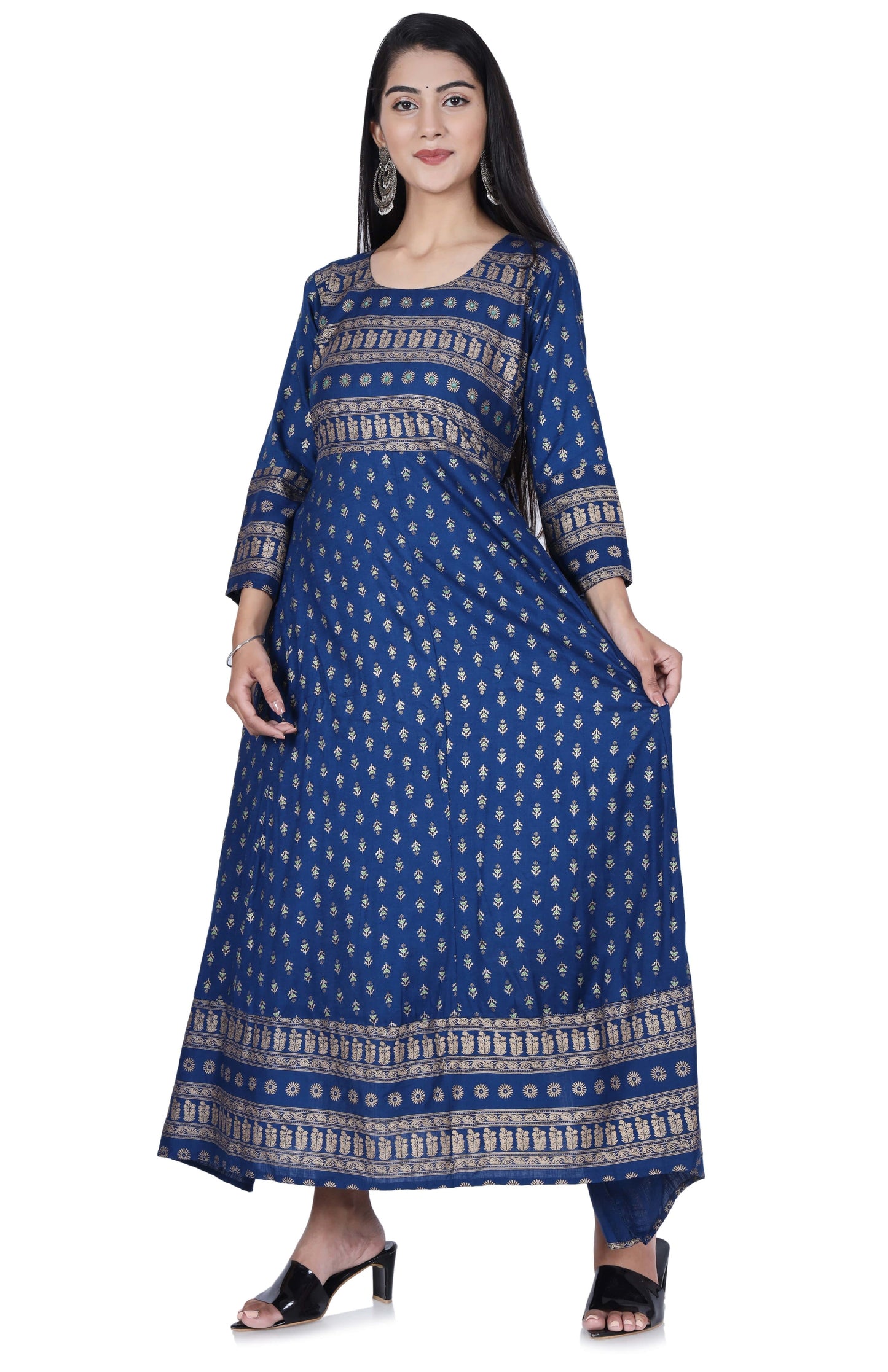 Blue Printed Cotton Flared Kurta