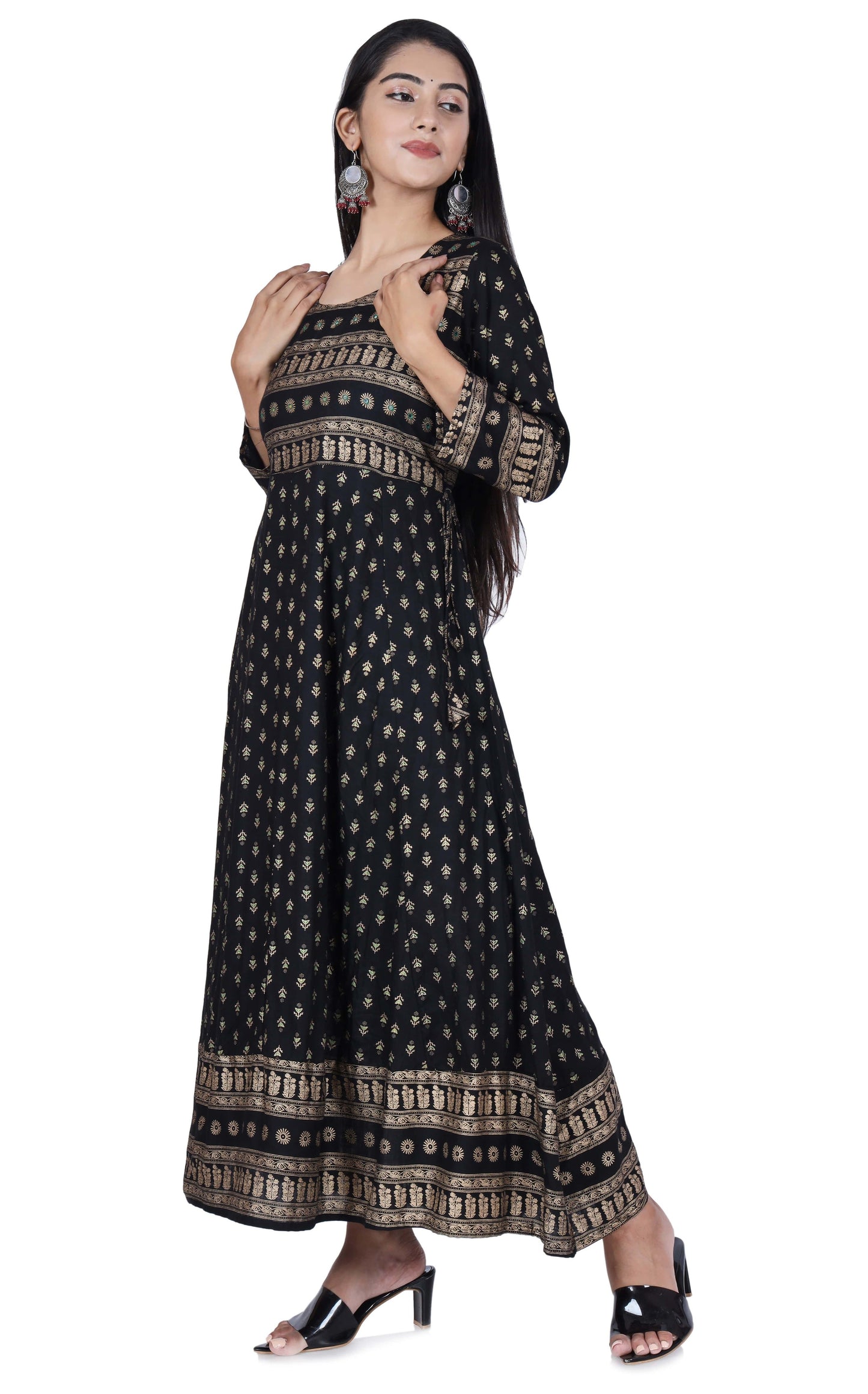 Black Printed Cotton Flared Kurta