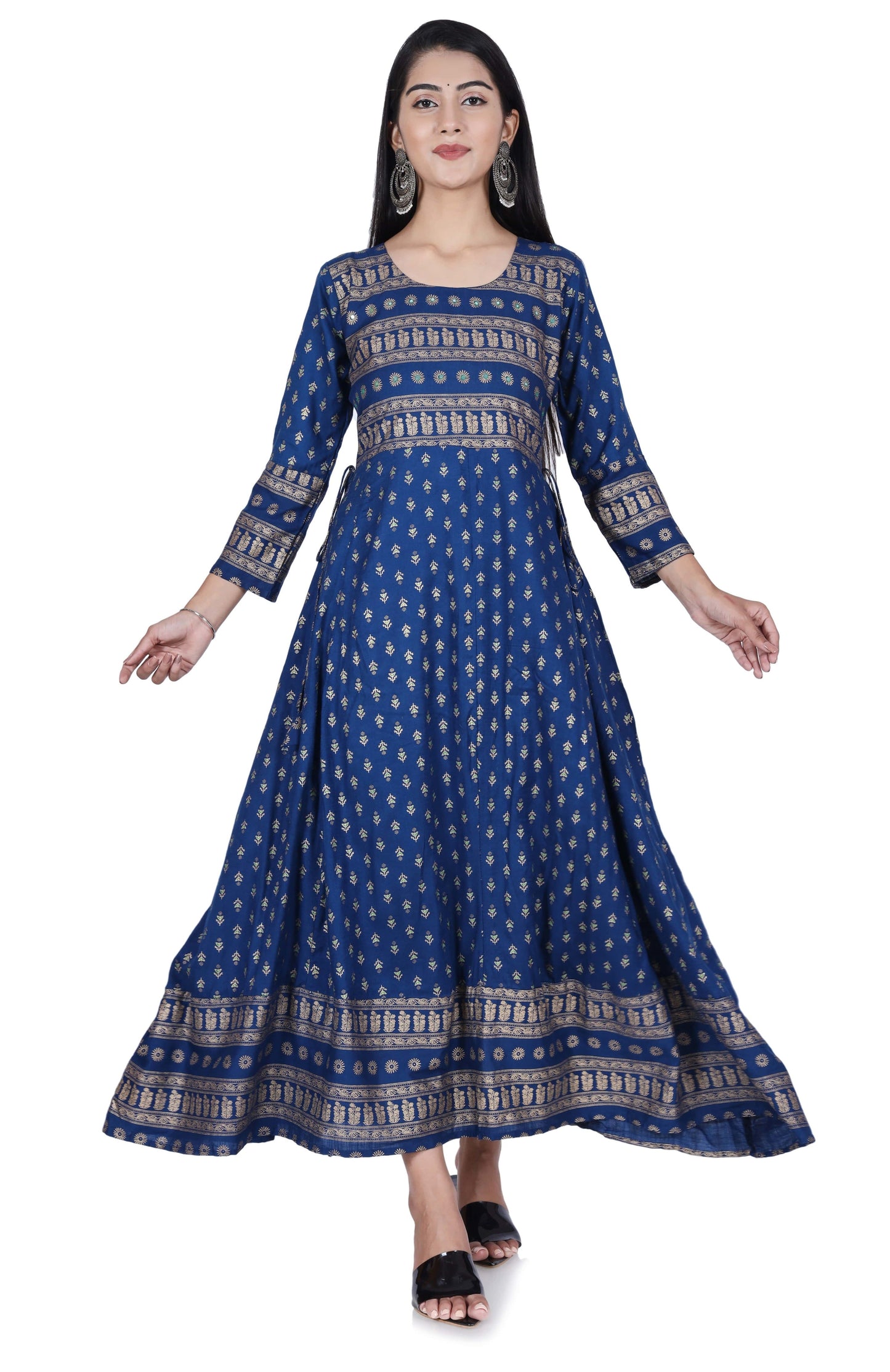 Blue Printed Cotton Flared Kurta