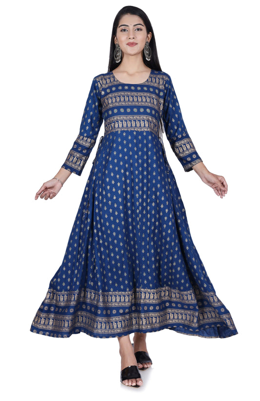 Blue Printed Cotton Flared Kurta