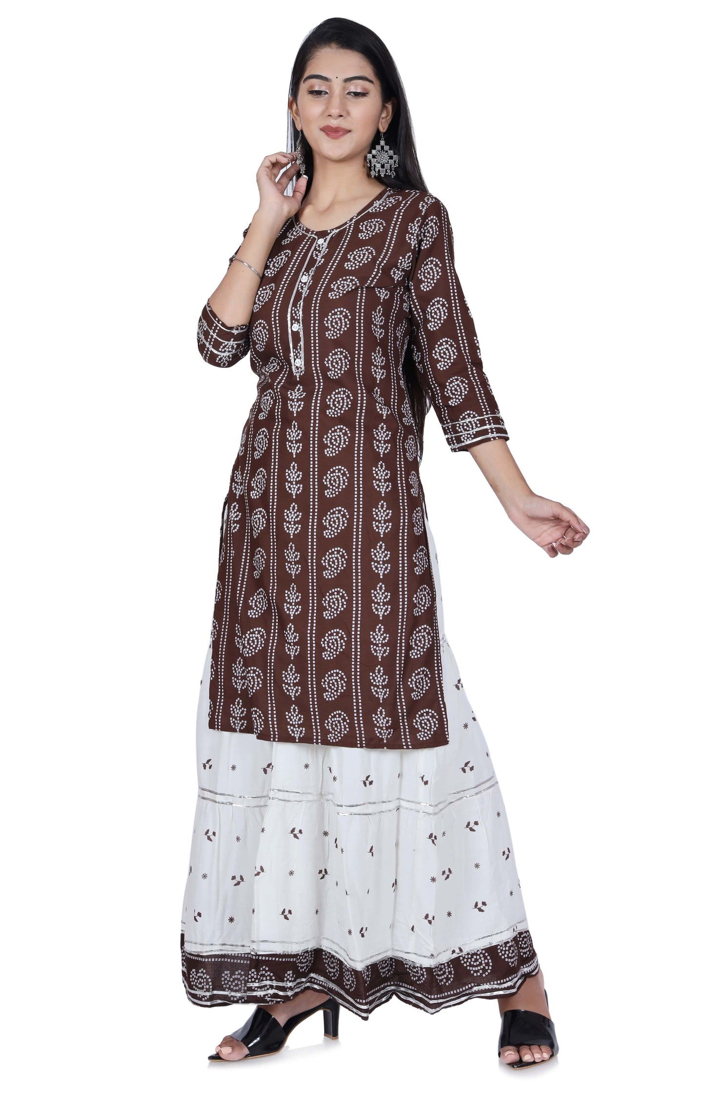 Brown Printed Cotton Kurta and Skirt Set