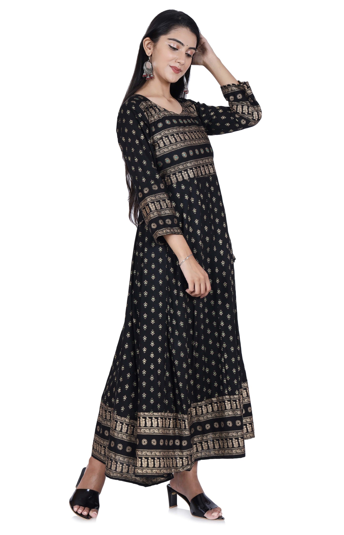 Black Printed Cotton Flared Kurta