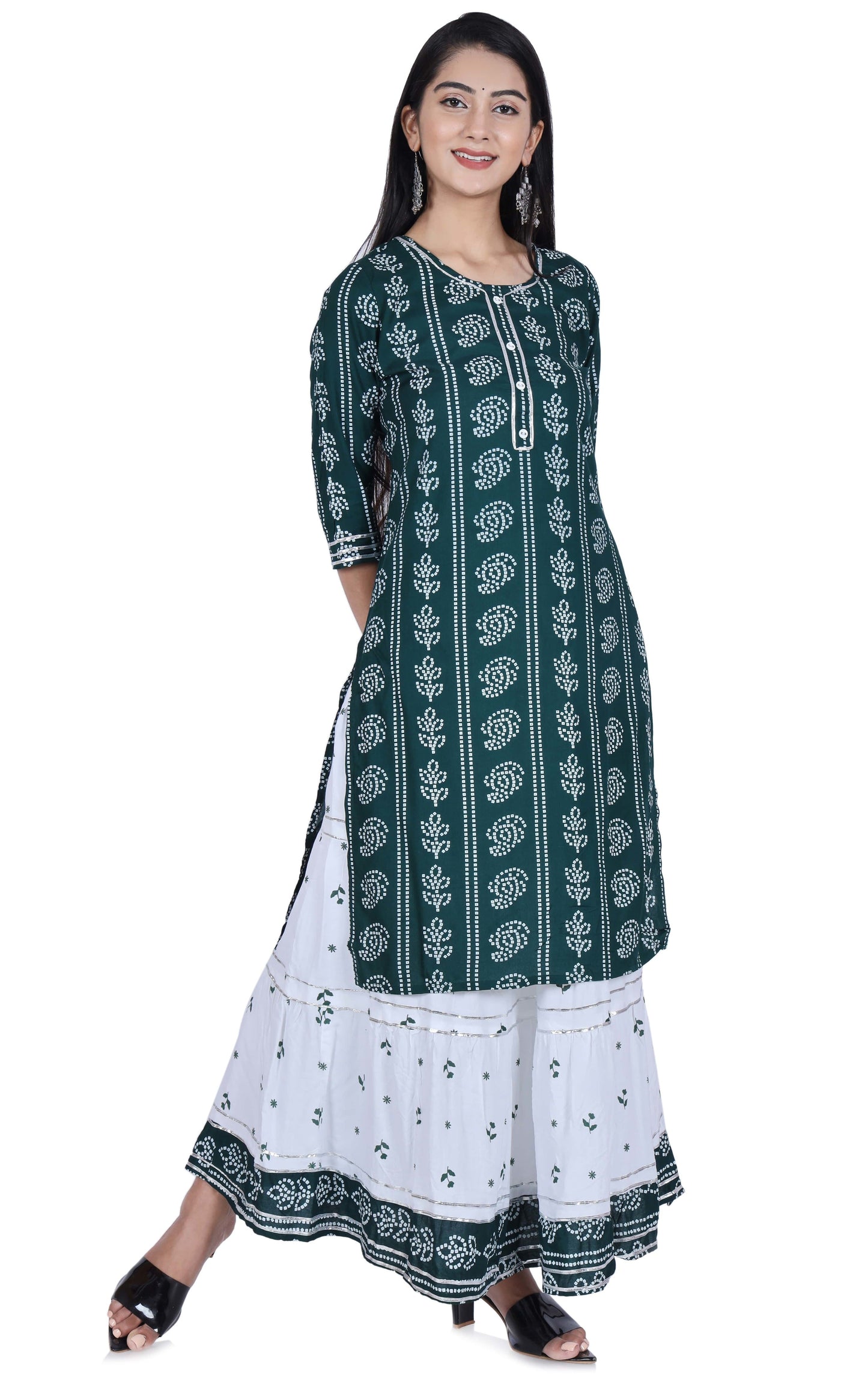 Green Printed Cotton Kurta and Skirt Set