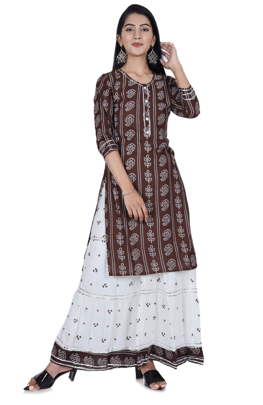 Brown Printed Cotton Kurta and Skirt Set