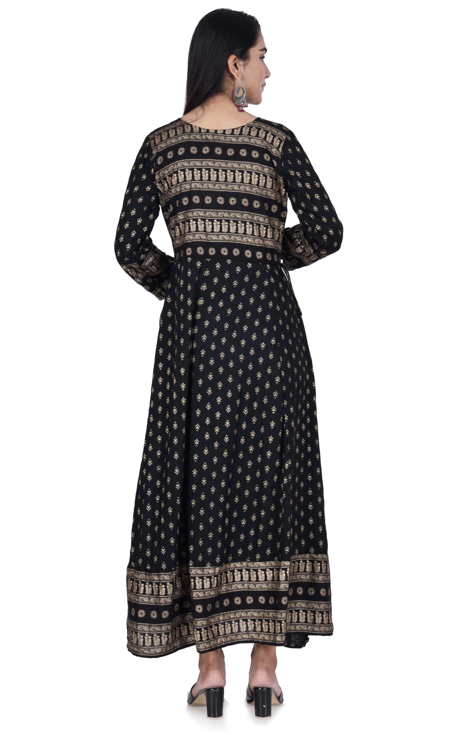 Black Printed Cotton Flared Kurta