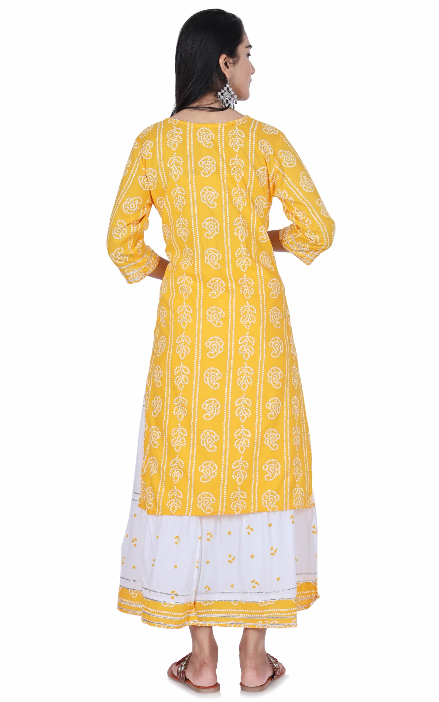 Yellow Printed Cotton Kurta and Skirt Set