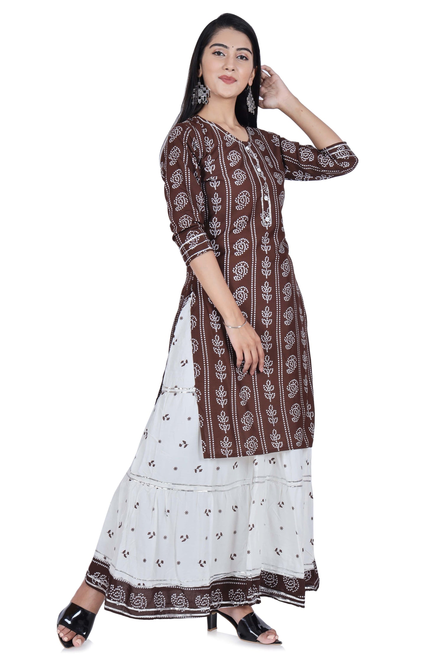 Brown Printed Cotton Kurta and Skirt Set