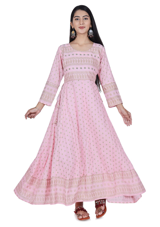 Pink Printed Cotton Flared Kurta