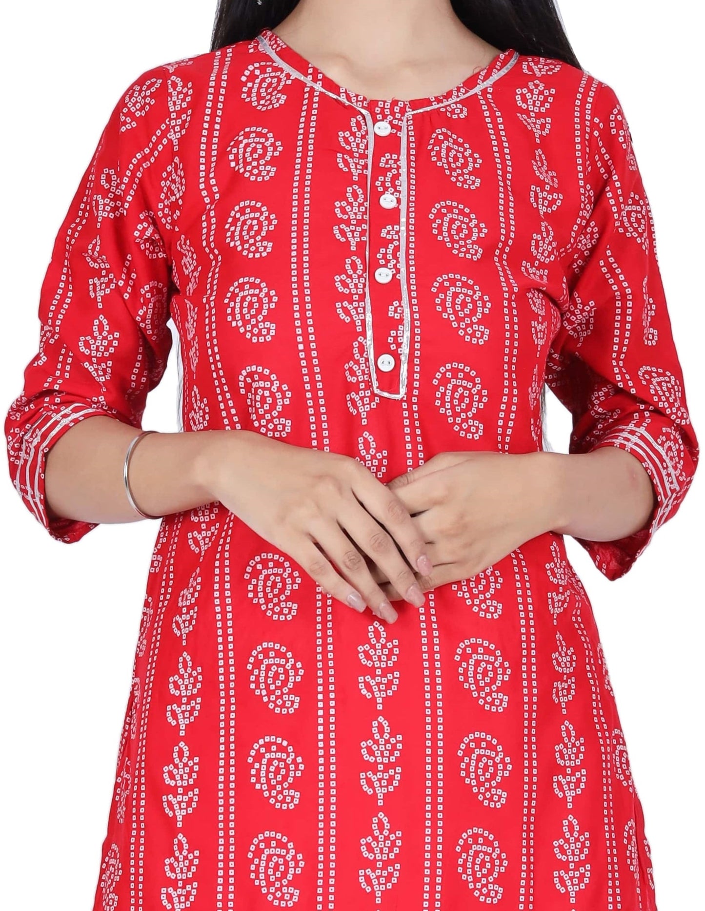 Red Printed Cotton Kurta and Skirt Set