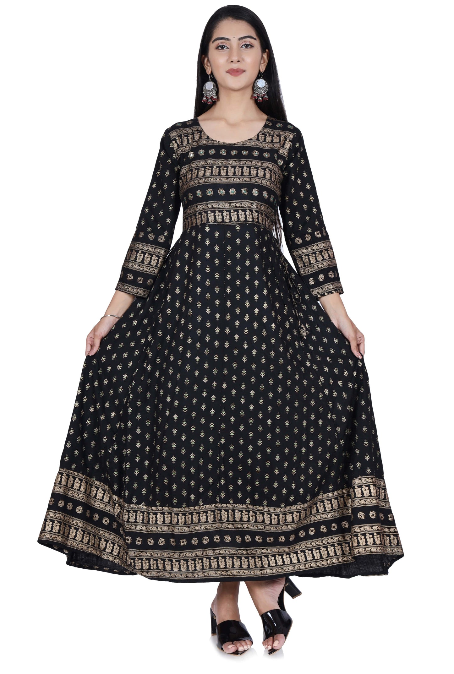 Black Printed Cotton Flared Kurta