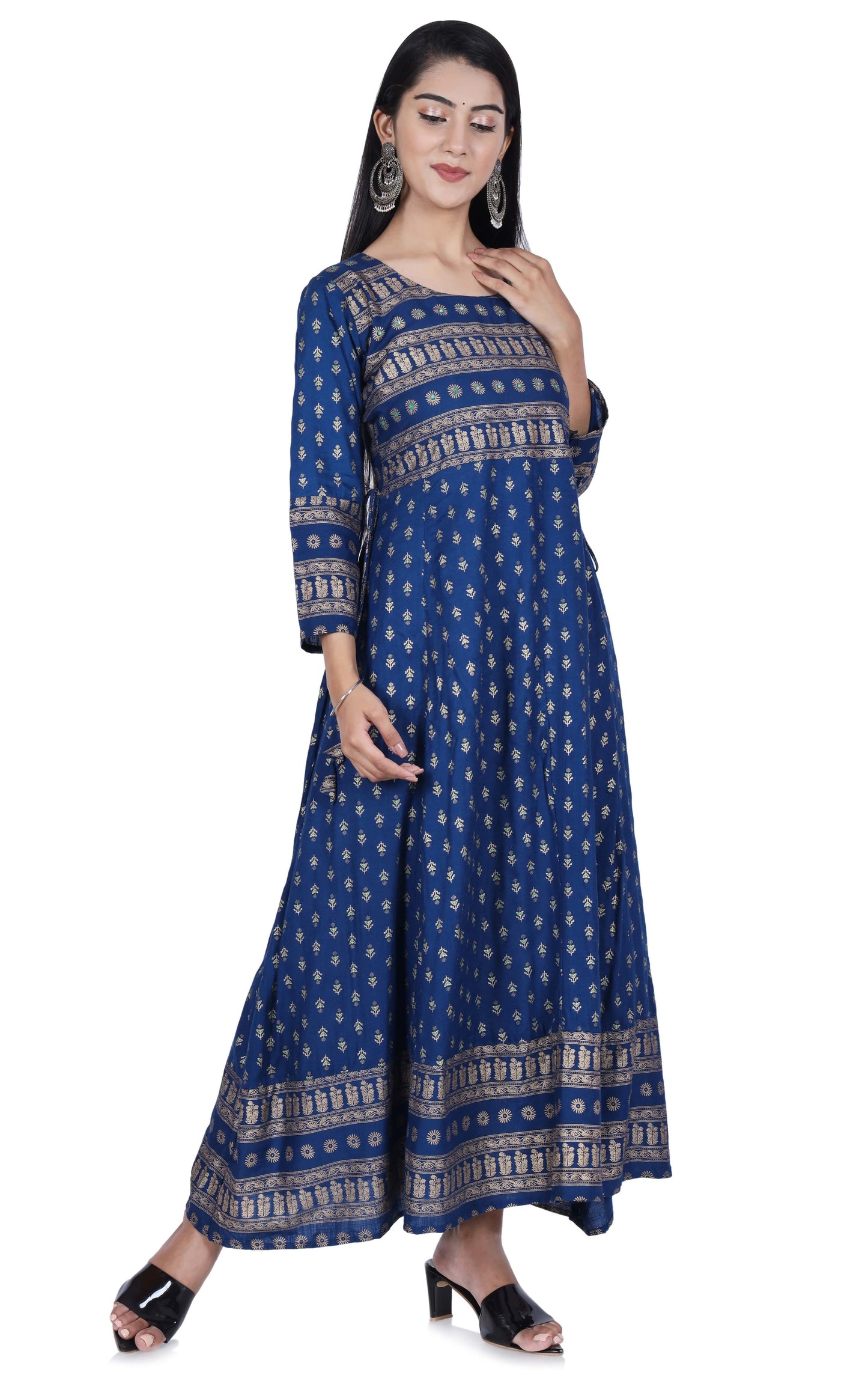 Blue Printed Cotton Flared Kurta