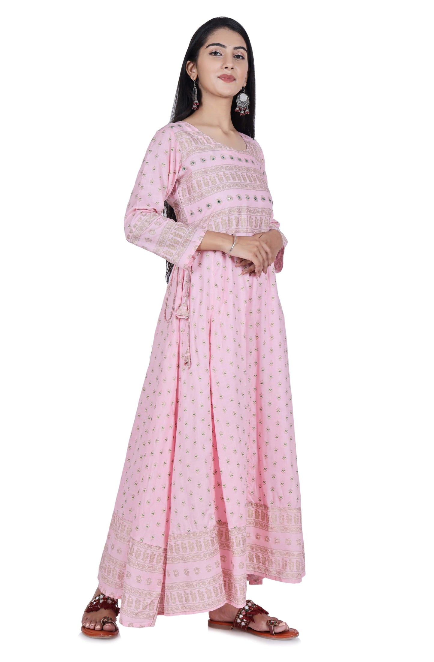 Pink Printed Cotton Flared Kurta