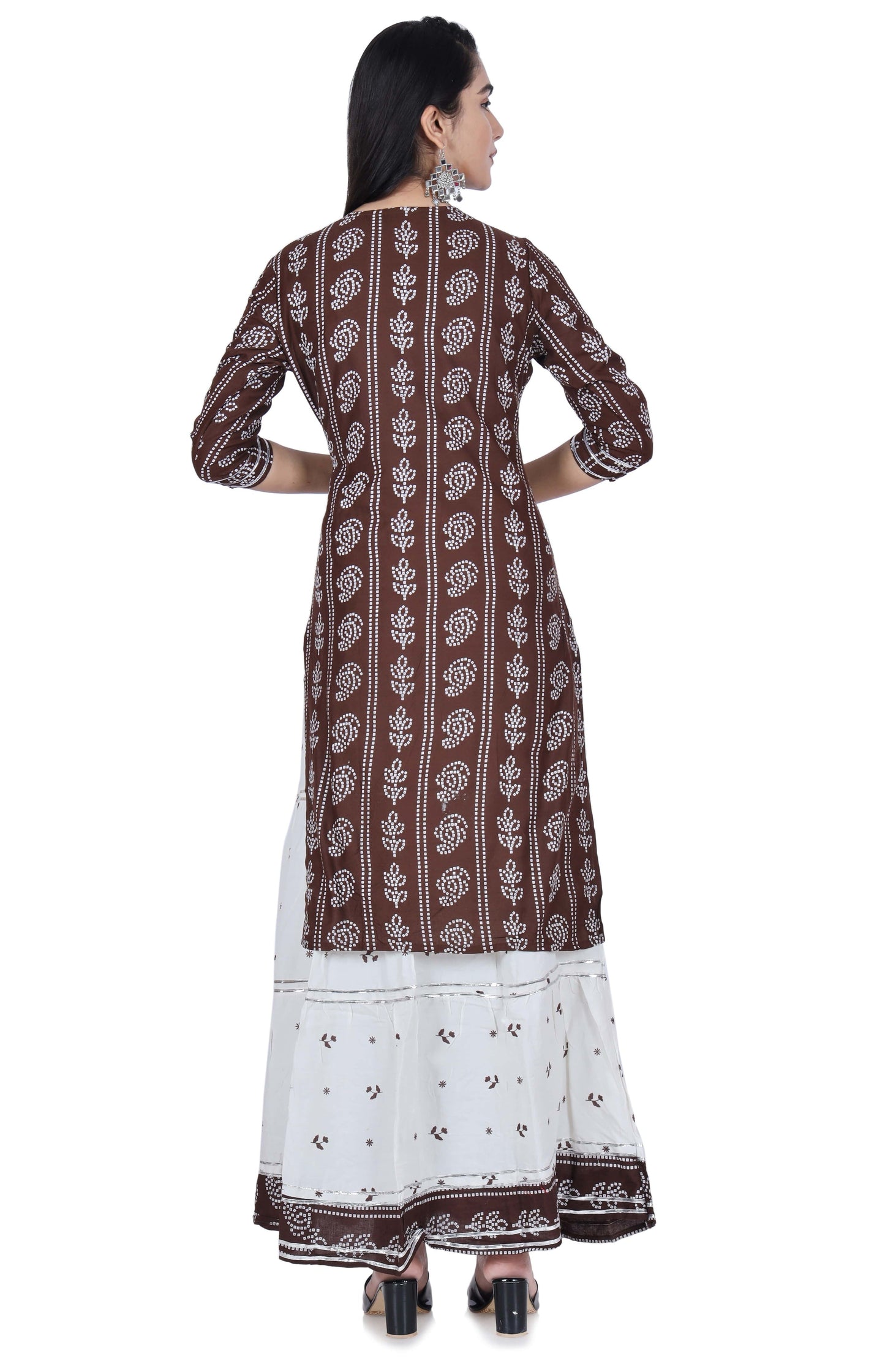 Brown Printed Cotton Kurta and Skirt Set