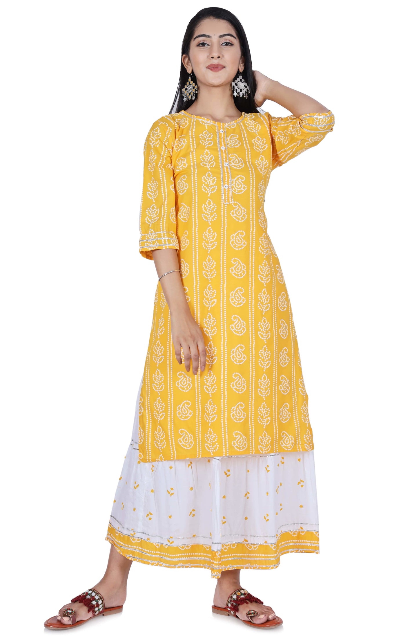 Yellow Printed Cotton Kurta and Skirt Set