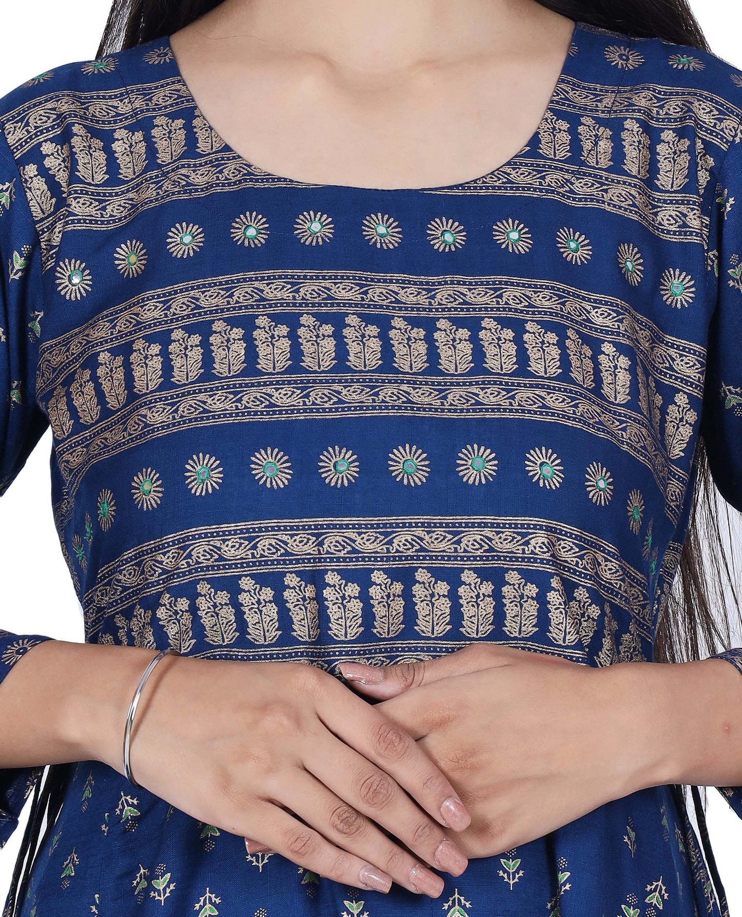 Blue Printed Cotton Flared Kurta