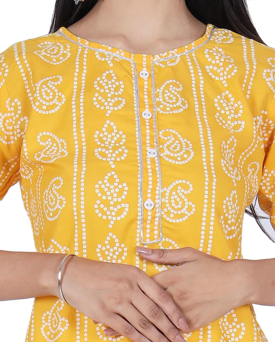 Yellow Printed Cotton Kurta and Skirt Set