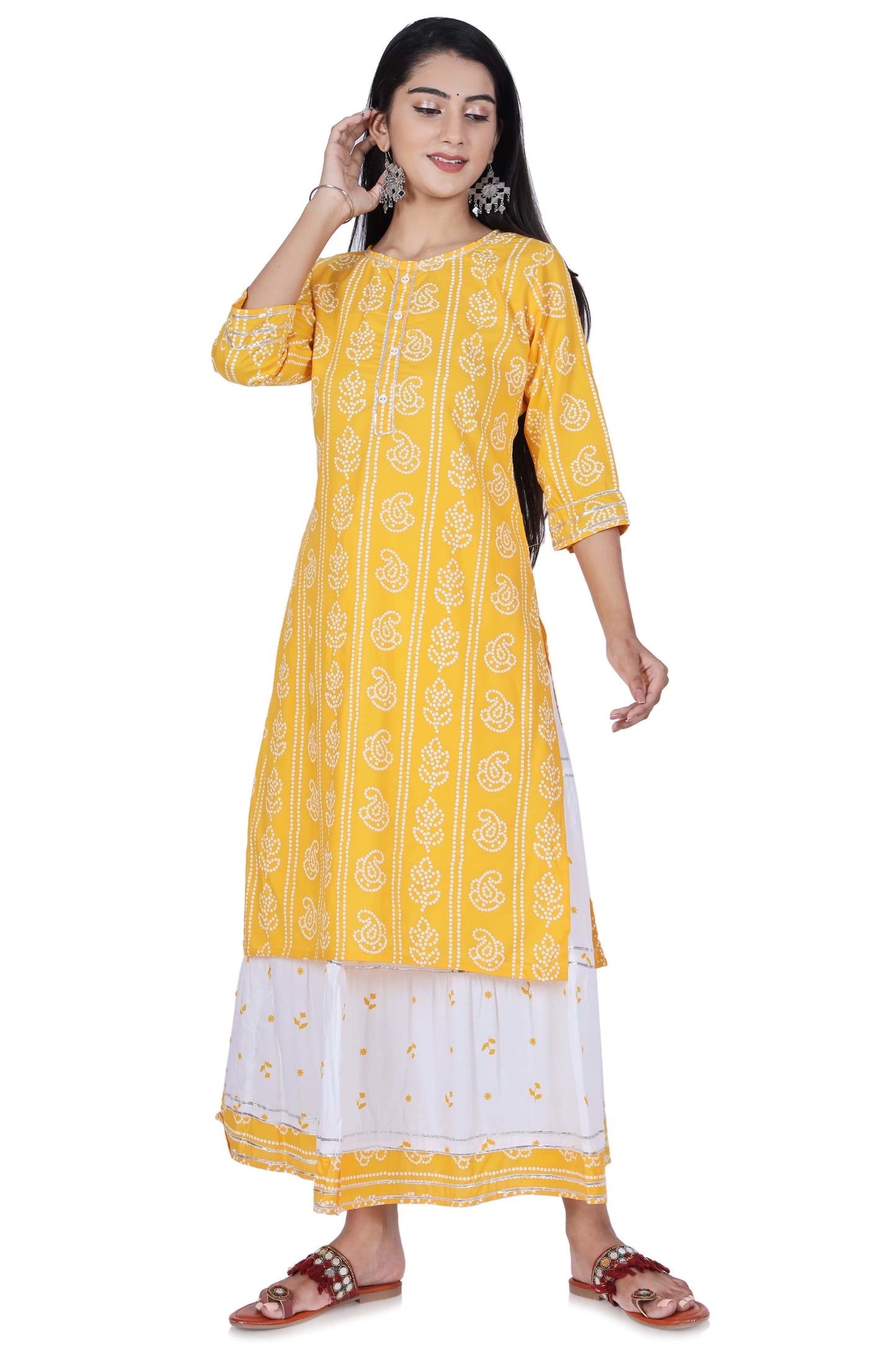 Yellow Printed Cotton Kurta and Skirt Set