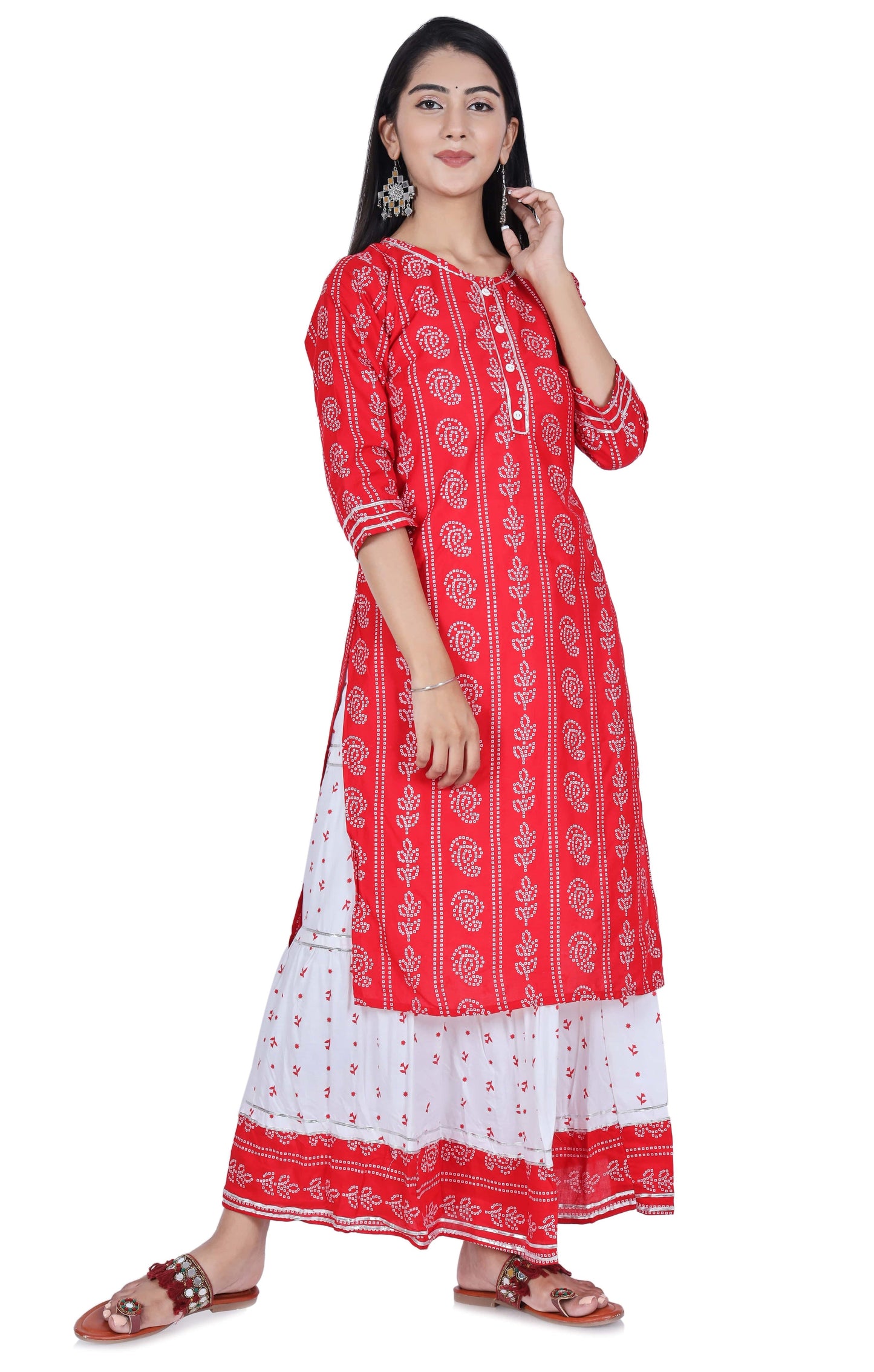 Red Printed Cotton Kurta and Skirt Set