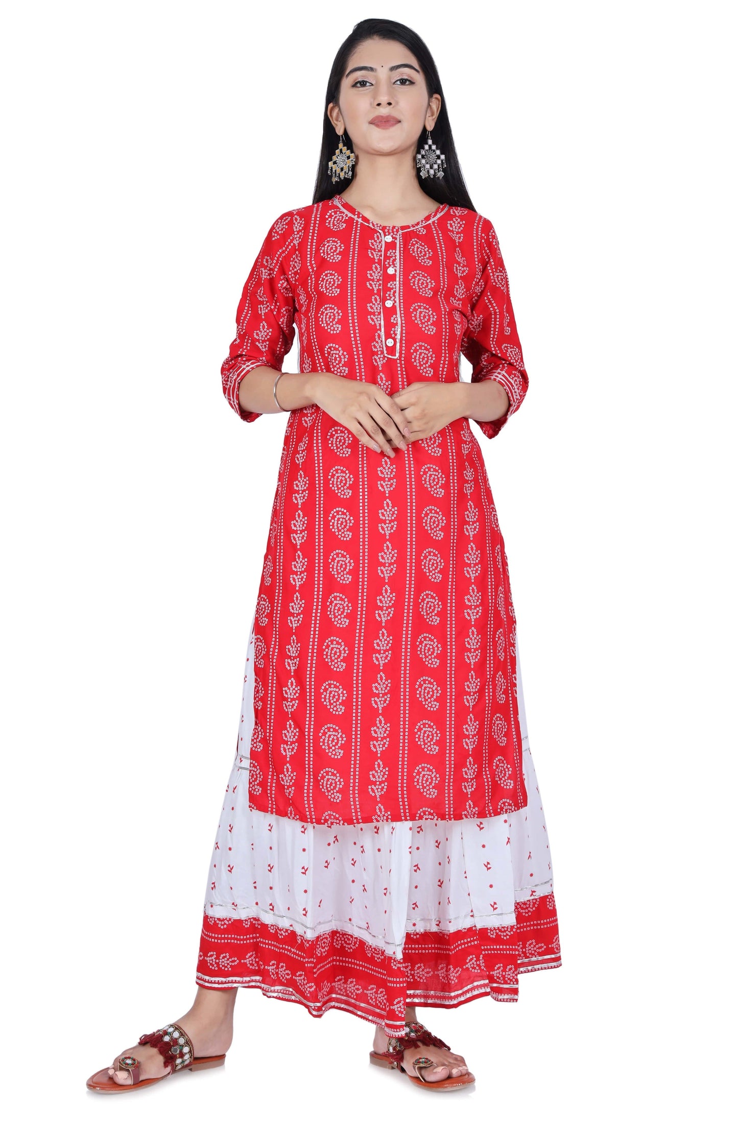 Red Printed Cotton Kurta and Skirt Set