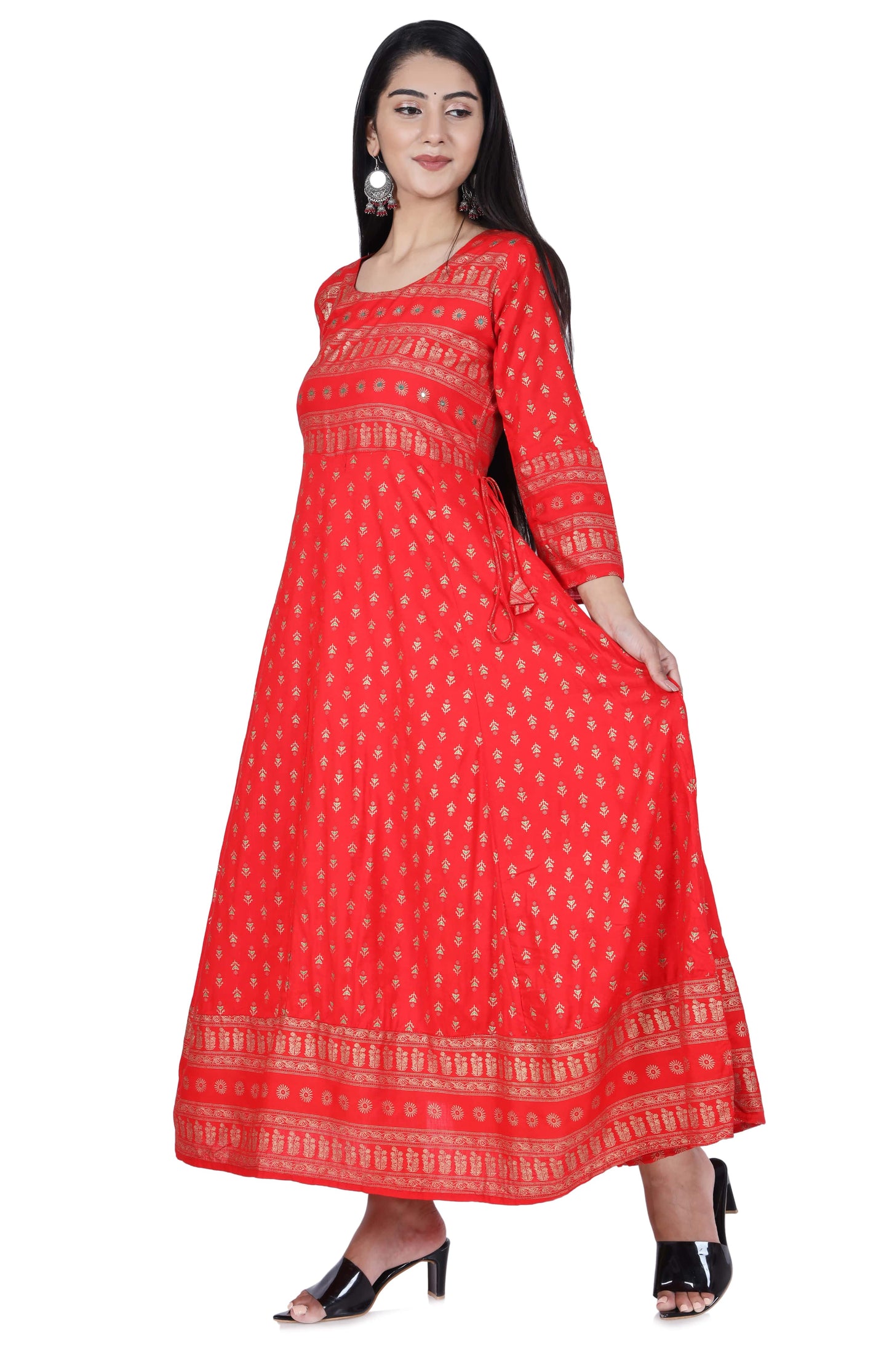 Berry Red Printed Cotton Flared Kurta